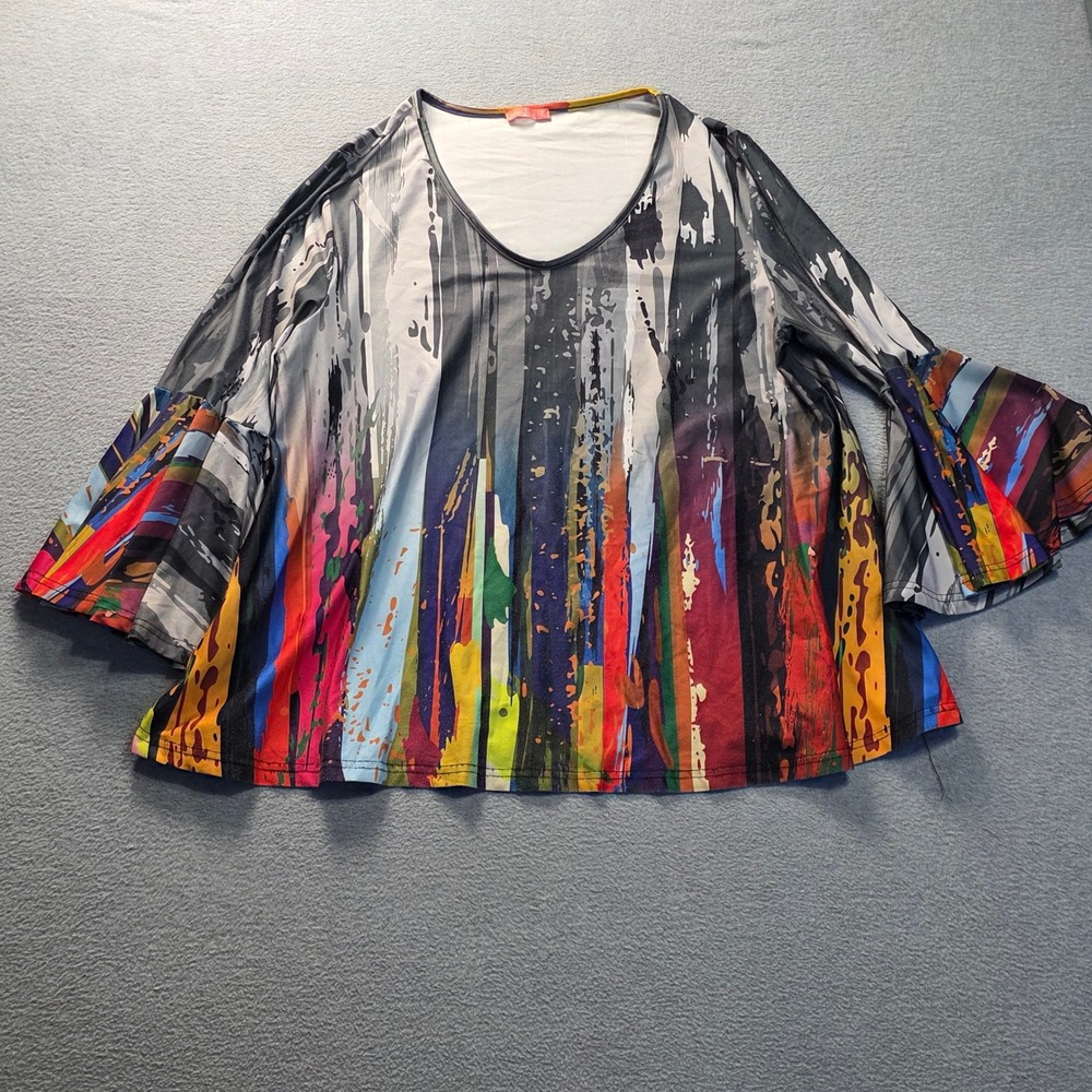 Simply Aster by Firmiana Bell Sleeve Blouse Womens M Abstract Art Print Boho Top